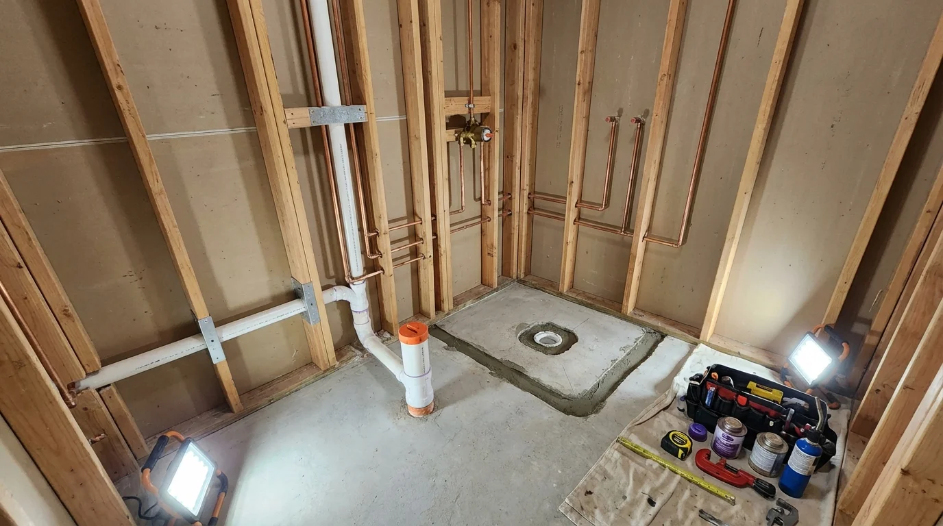 Bathroom rough-in plumbing during remodel by Johns Plumbing LLC in Amesbury
