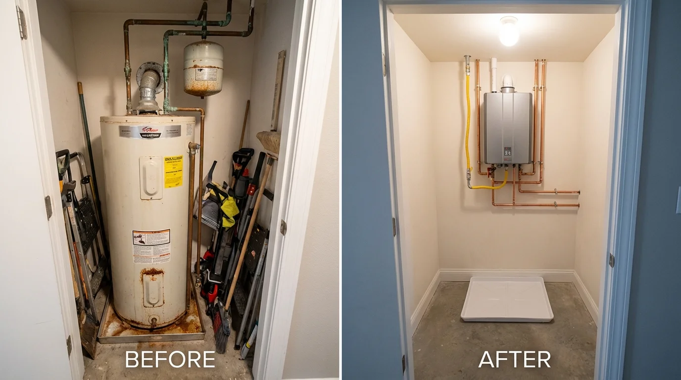 Tank water heater versus wall-mounted tankless unit comparison for Amesbury, MA homeowners