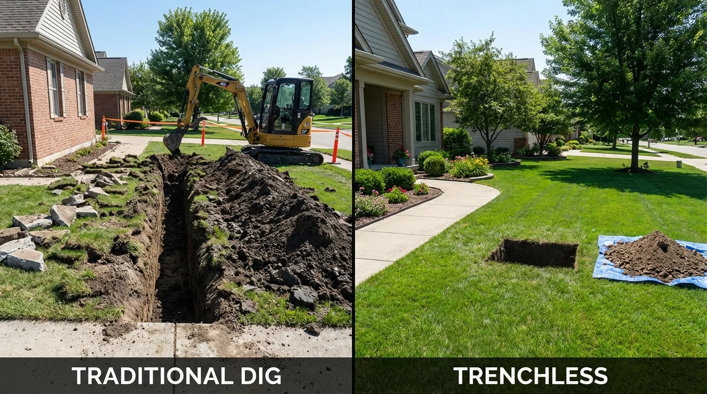 Trenchless sewer repair with minimal yard damage versus traditional excavation in Amesbury, MA